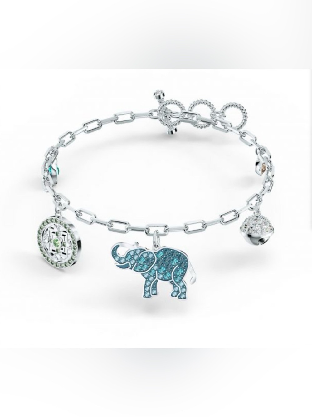 Swarovski Silver Charm Bracelet with Teal Blue Elephant and Clear Crystals